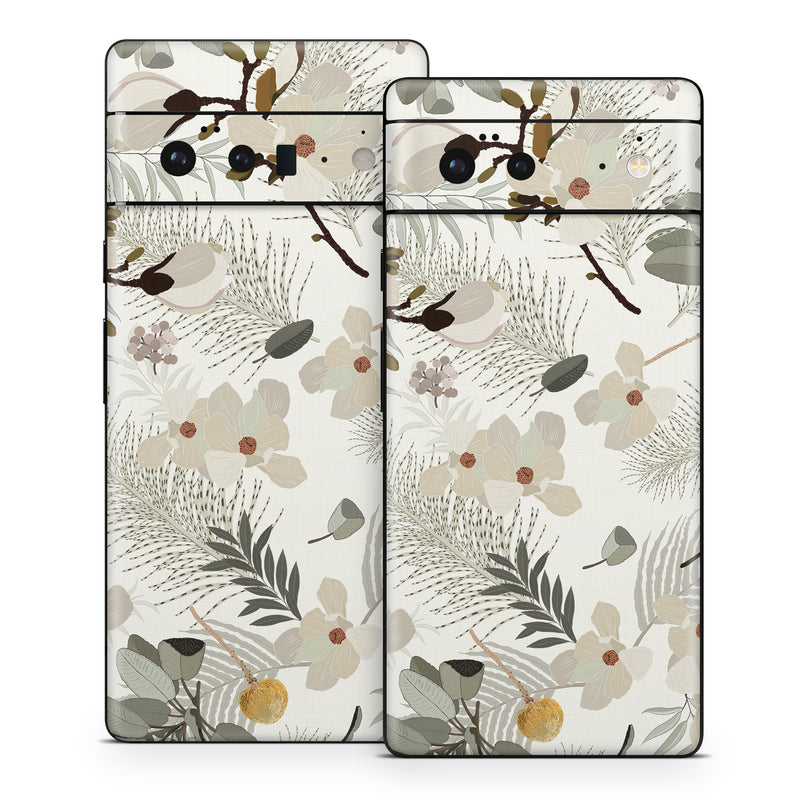 Google Pixel 6 Series Skin design of Branch, Botany, Twig, Plant, Textile, Organism, Art, Creative arts, Pattern, Tints and shades, with white, green, yellow, brown, gray colors