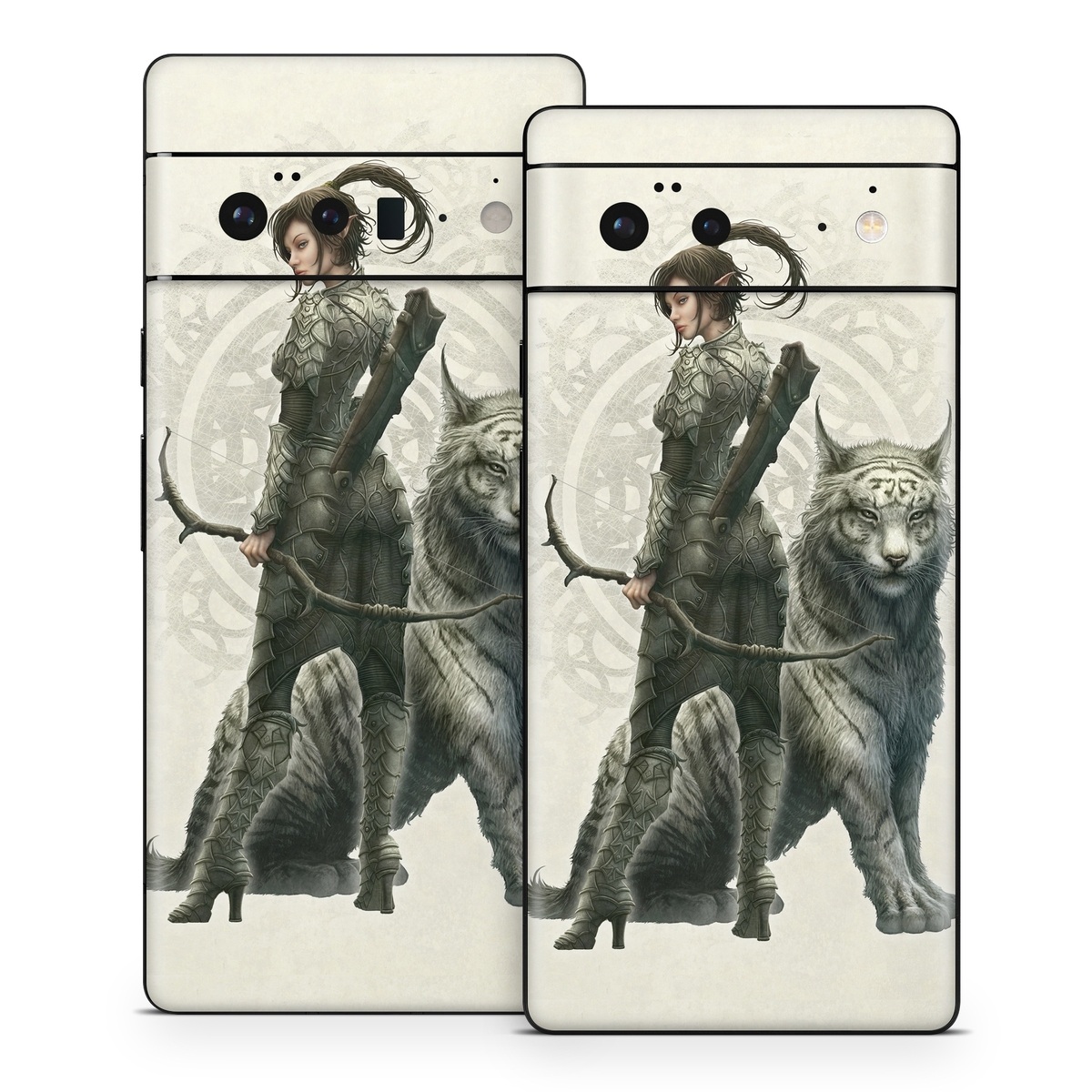 Google Pixel 6 Series Skin design of Illustration, Fictional character, Drawing, Woman warrior, Art, Mythology, Sketch, with gray, black, pink, yellow, green colors