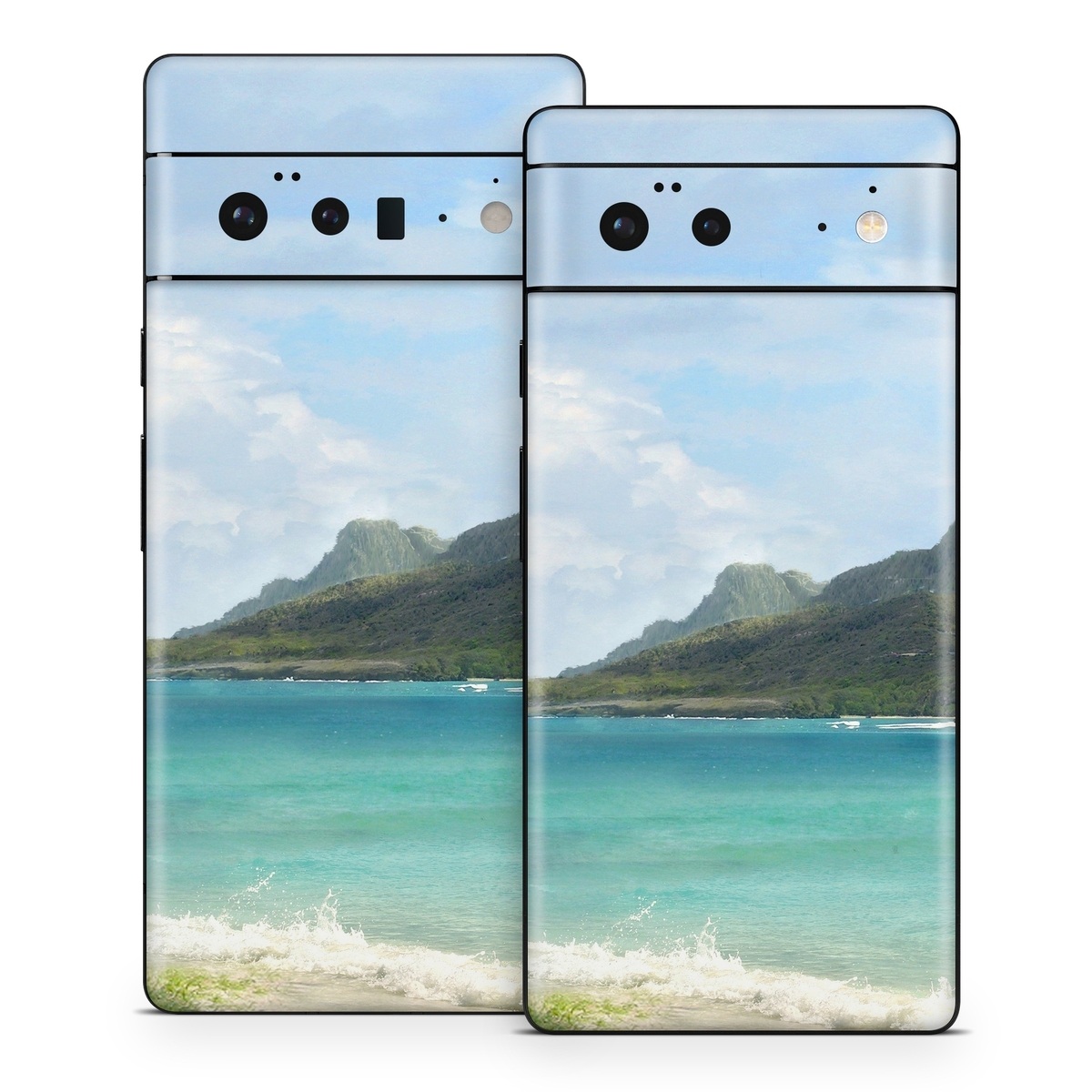 Google Pixel 6 Series Skin design of Body of water, Tropics, Nature, Natural landscape, Shore, Coast, Caribbean, Sea, Tree, Beach, with gray, black, blue, green colors