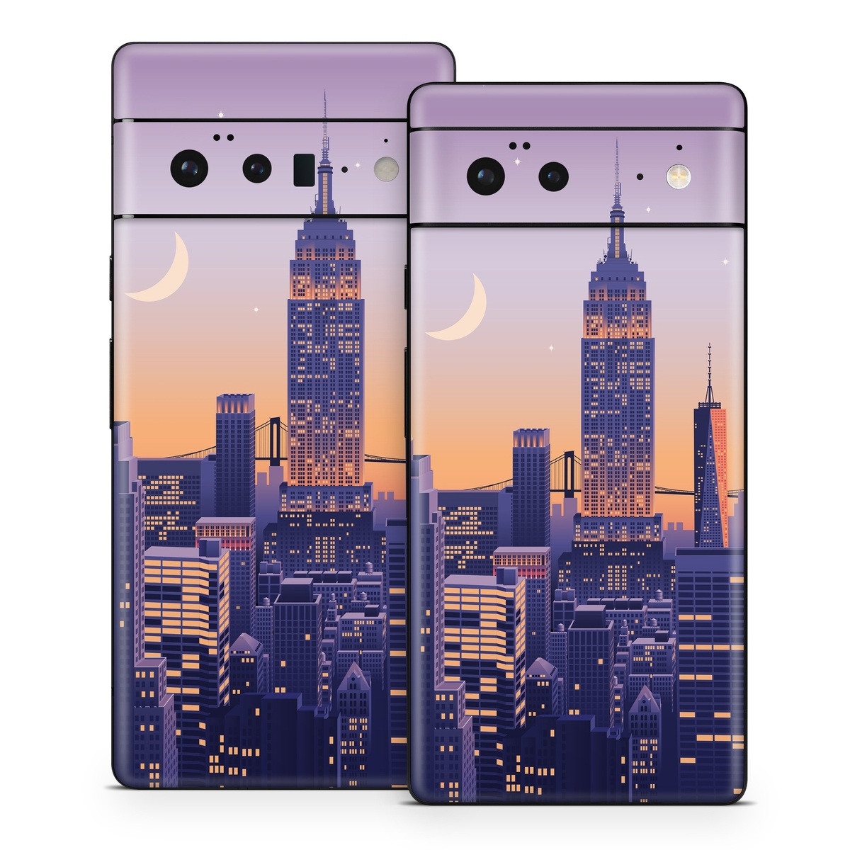 Google Pixel 6 Series Skin design of Skyscraper, Building, Sky, Atmosphere, Moon, World, Nature, Tower, Afterglow, Dusk, with blue, purple, yellow, orange colors