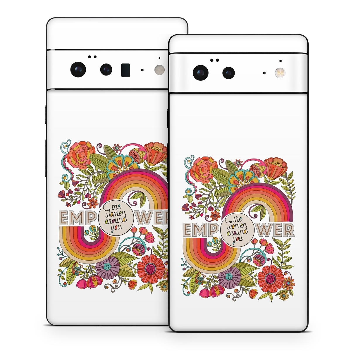 Google Pixel 6 Series Skin design of Botany, Flower, Font, Creative arts, Petal, Circle, Pattern, Art, Visual arts, Floral design, with white, red, yellow, orange, green, blue colors