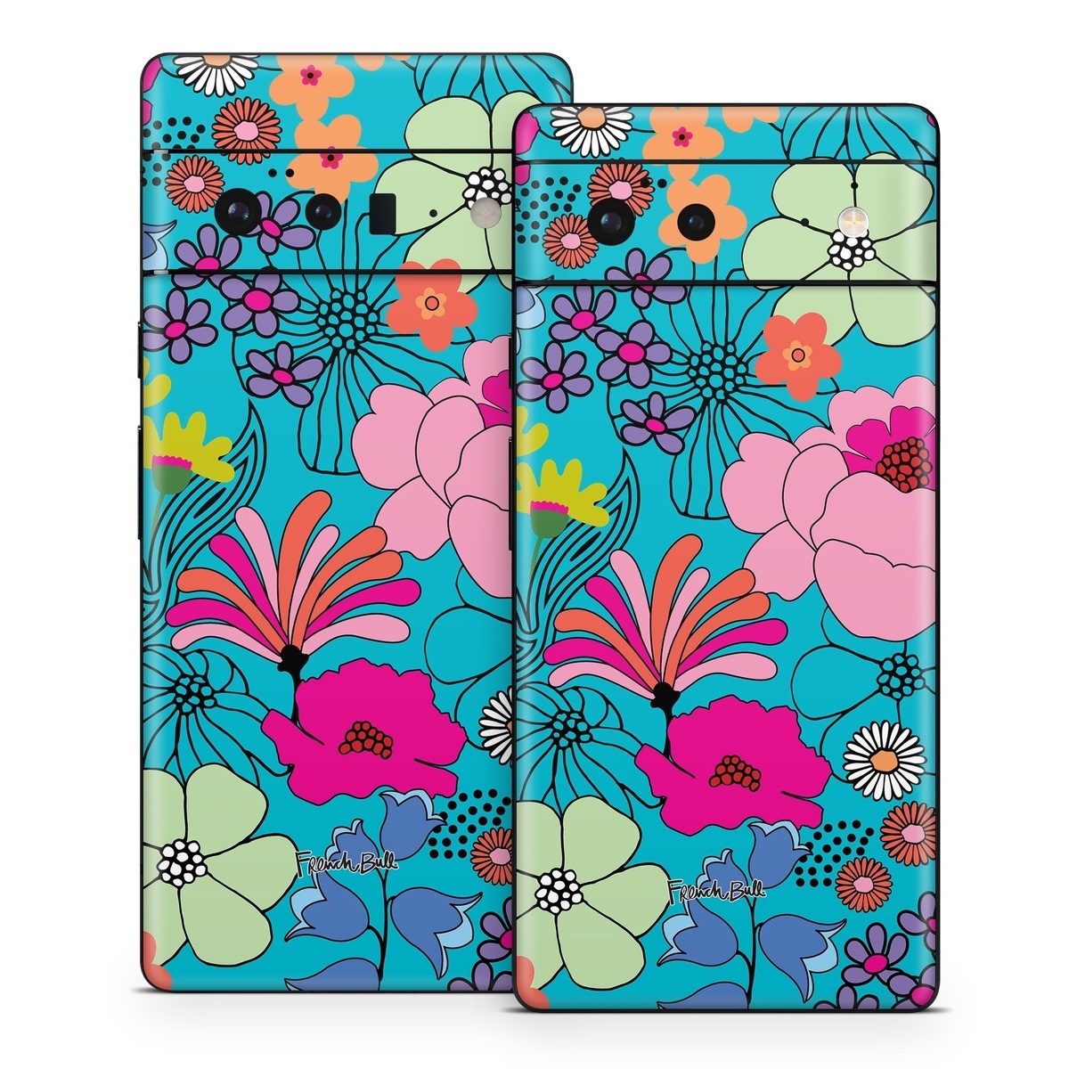 Google Pixel 6 Series Skin design of Flower, Green, Azure, Nature, Botany, Petal, Blue, Textile, Pink, Art, with blue, pink, yellow, orange, red, purple, green colors