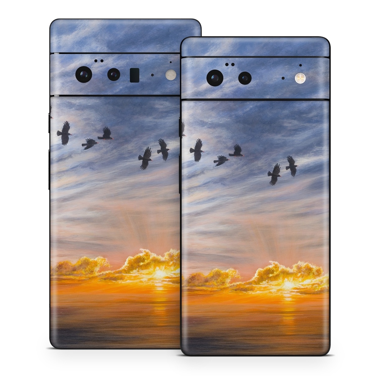 Google Pixel 6 Series Skin design of Sky, Cloud, Nature, Blue, Daytime, Atmosphere, Sunset, Afterglow, Evening, Horizon, with black, blue, yellow, orange, white colors