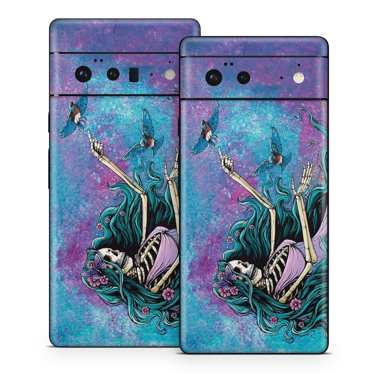 Google Pixel 6 Series Skin design of Green, Purple, Painting, Paint, Art, Cg artwork, Mythical creature, Musical instrument, Graffiti, Artist, with blue, purple, white, gray, brown colors