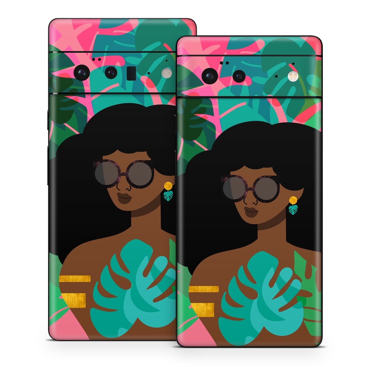 Google Pixel 6 Series Skin design of Illustration, Afro, Art, Eyewear, Glasses, Graphic design, Visual arts, Graphics, Fictional character, with brown, black, green, pink, blue, yellow colors