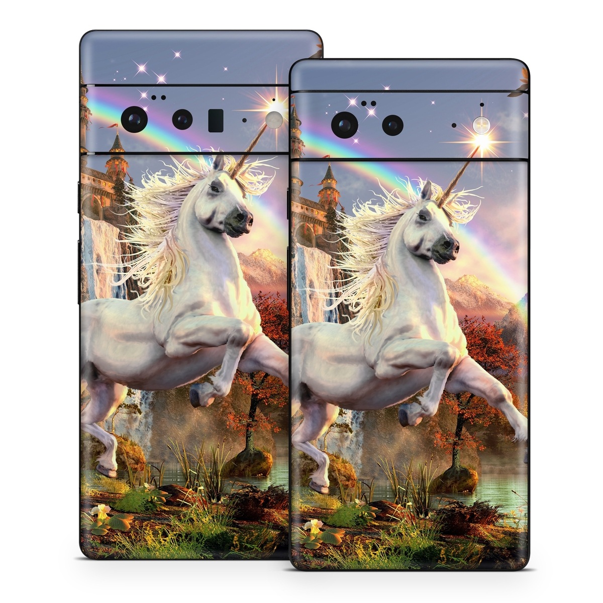 Google Pixel 6 Series Skin design of Nature, Unicorn, Fictional character, Sky, Mythical creature, Mythology, Cg artwork, Horse, Mane, Wildlife, with black, gray, red, green, blue colors