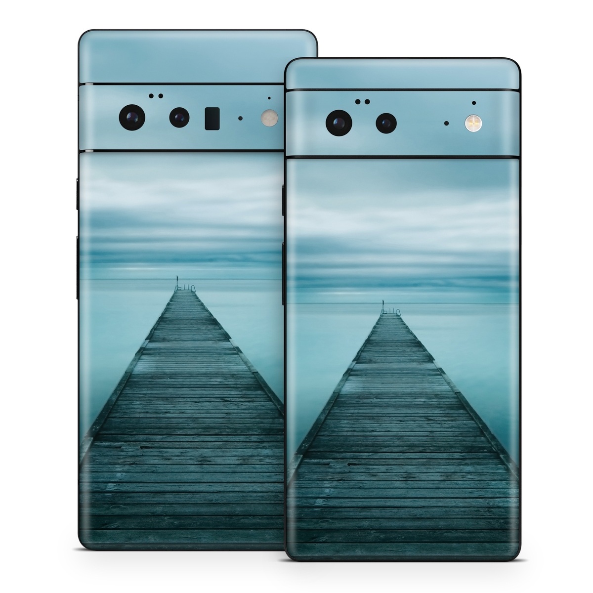 Google Pixel 6 Series Skin design of Sea, Water, Horizon, Sky, Blue, Ocean, Daytime, Calm, Fixed link, Symmetry, with black, blue, gray colors