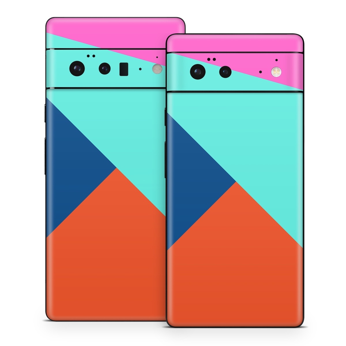 Google Pixel 6 Series Skin design of Blue, Colorfulness, Turquoise, Line, Azure, Triangle, Pattern, Graphic design, Magenta, with blue, pink, orange, red colors