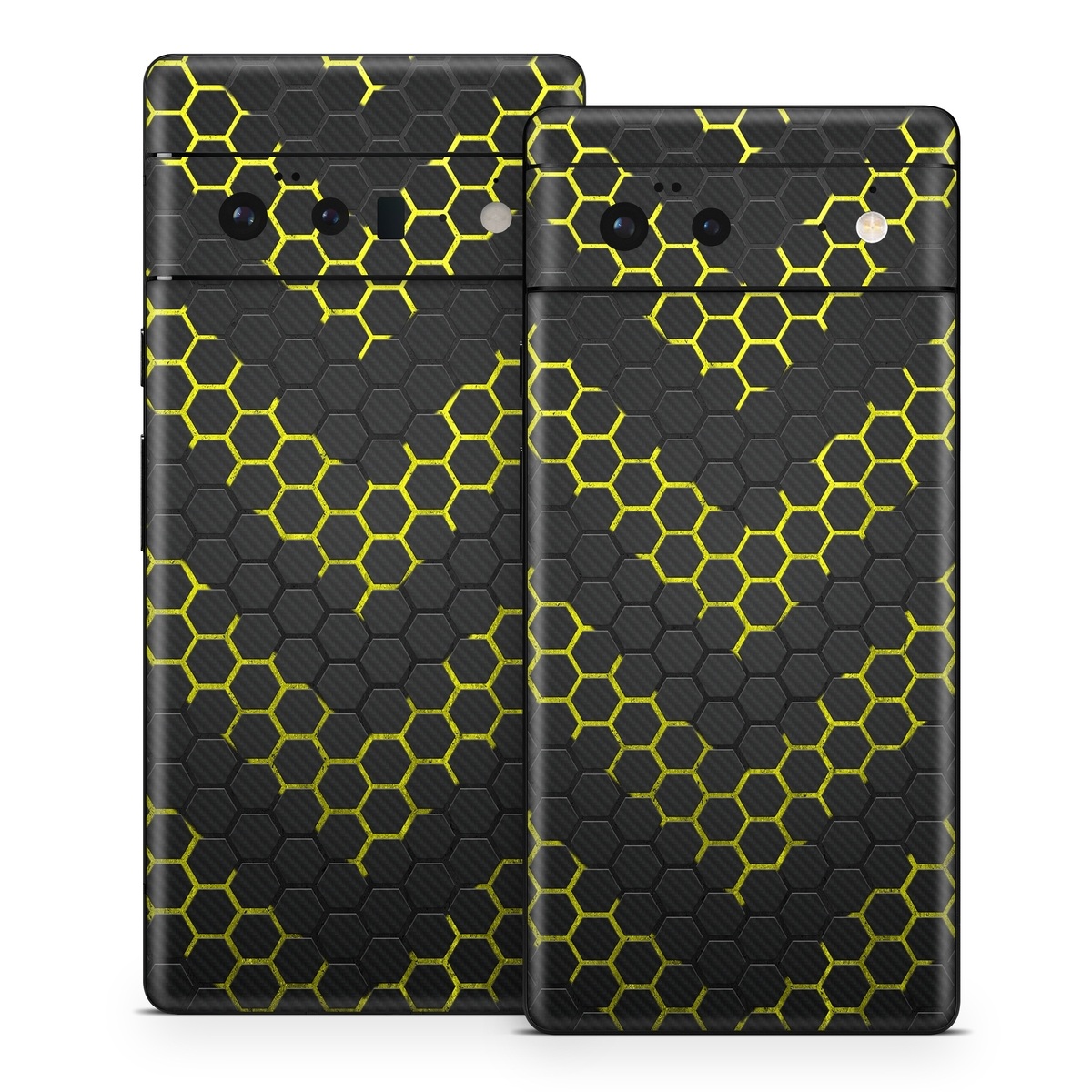 Google Pixel 6 Series Skin design of Black, Pattern, Yellow, Mesh, Net, Chain-link fencing, Design, Metal, with black, gray, yellow colors