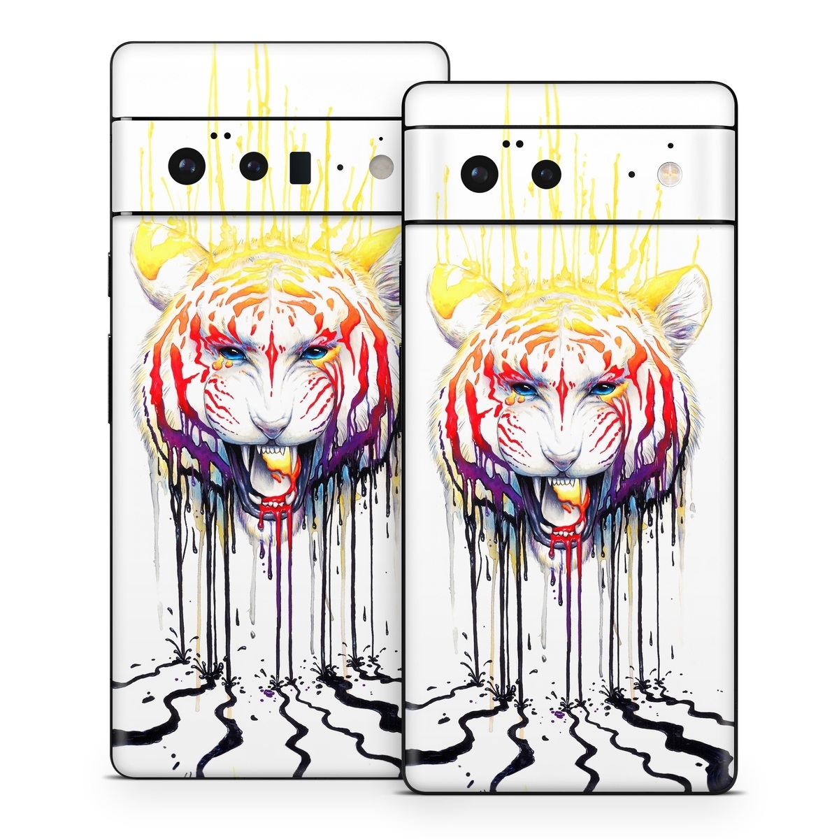 Google Pixel 6 Series Skin design of Jaw, Roar, Organism, Gesture, Art, Font, Felidae, Painting, Illustration, Drawing, with white, black, yellow, red, orange, purple colors