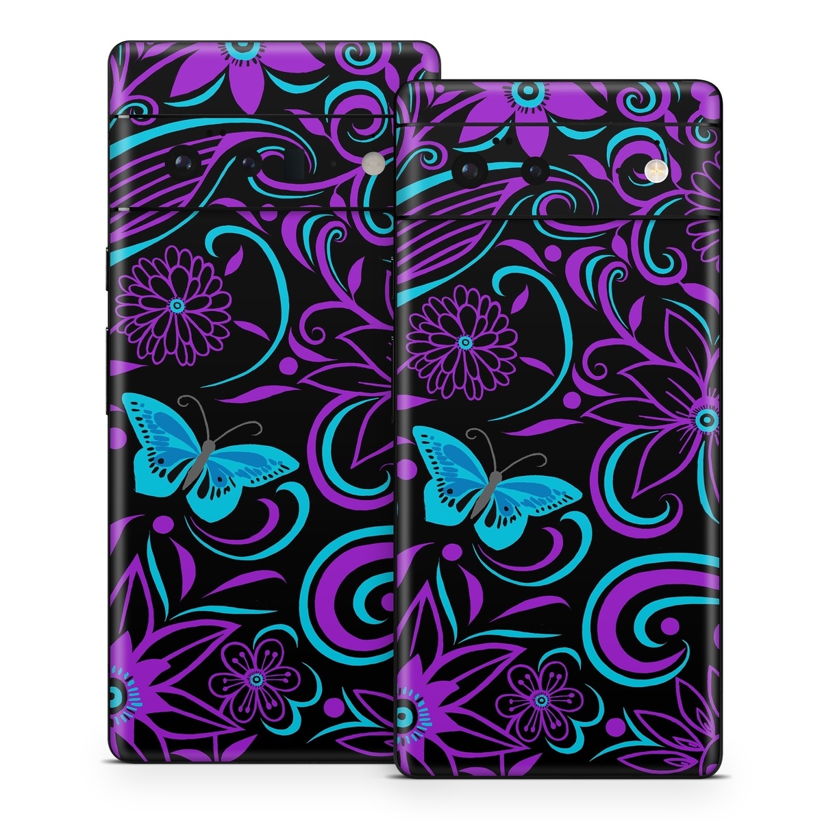 Google Pixel 6 Series Skin design of Pattern, Purple, Violet, Turquoise, Teal, Design, Floral design, Visual arts, Magenta, Motif, with black, purple, blue colors