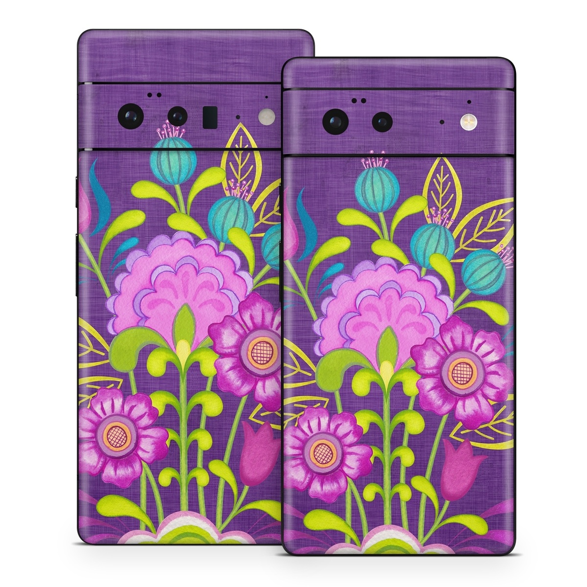 Google Pixel 6 Series Skin design of Flower, Pattern, Plant, Violet, Botany, Visual arts, Design, Floral design, Art, Magenta, with blue, purple, green, gray, red colors