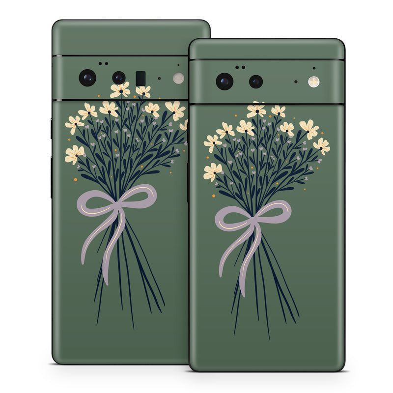Google Pixel 6 Series Skin design of Flower, Plant, Twig, Tree, Art, Pedicel, Flowering plant, Grass, Petal, Illustration, with green, yellow, white, purple colors