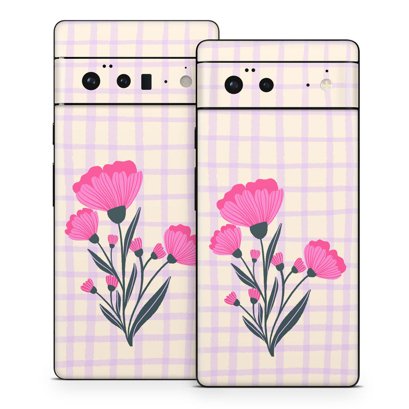 Google Pixel 6 Series Skin design of Flower, Plant, Petal, Product, Dishware, Textile, Creative arts, Pink, Art, Magenta, with white, green, pink, purple colors