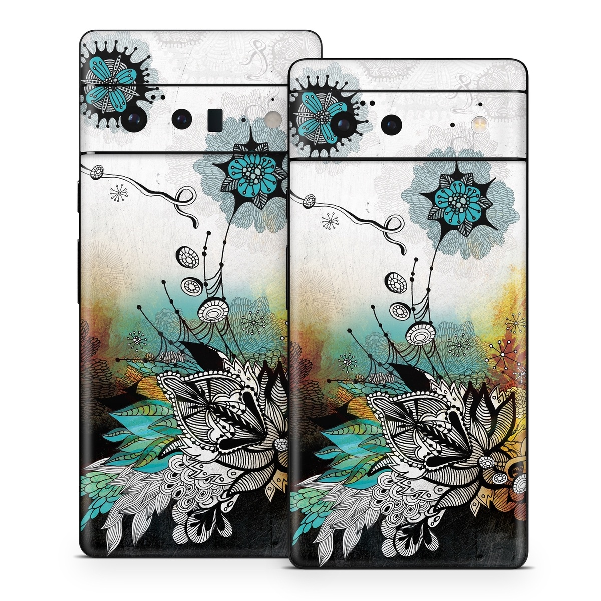 Google Pixel 6 Series Skin design of Graphic design, Illustration, Art, Design, Visual arts, Floral design, Font, Graphics, Modern art, Painting, with black, gray, red, green, blue colors