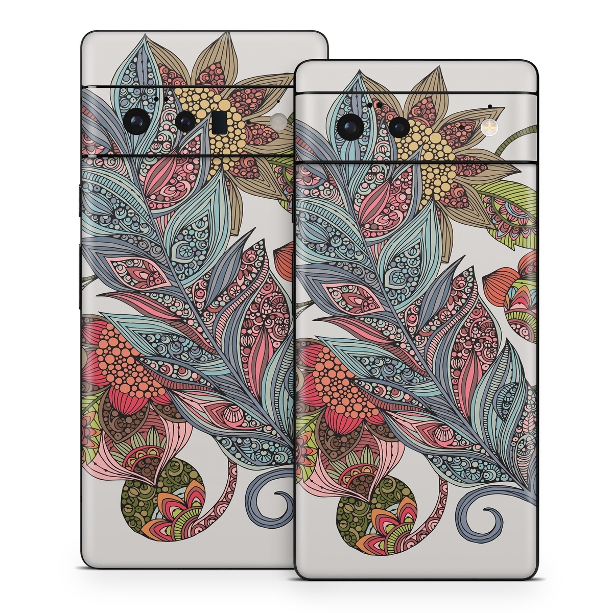 Google Pixel 6 Series Skin design of Botany, Plant, Leaf, Pattern, Flower, Illustration, Design, Motif, Protea family, Flowering plant, with green, blue, pink, red, yellow, orange, gray, brown colors
