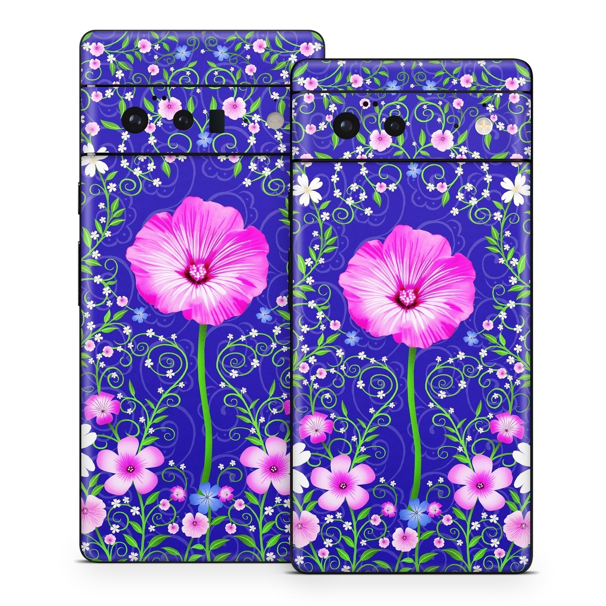 Google Pixel 6 Series Skin design of Purple, Violet, Flower, Plant, Wildflower, Pattern, Petal, Design, Graphics, Morning glory, with blue, purple, pink, green, white, yellow colors