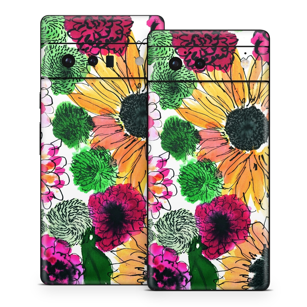 Google Pixel 6 Series Skin design of Flower, Floral design, Plant, Gazania, african daisy, Petal, Pattern, Botany, Wildflower, Design, with red, yellow, green, pink, black colors