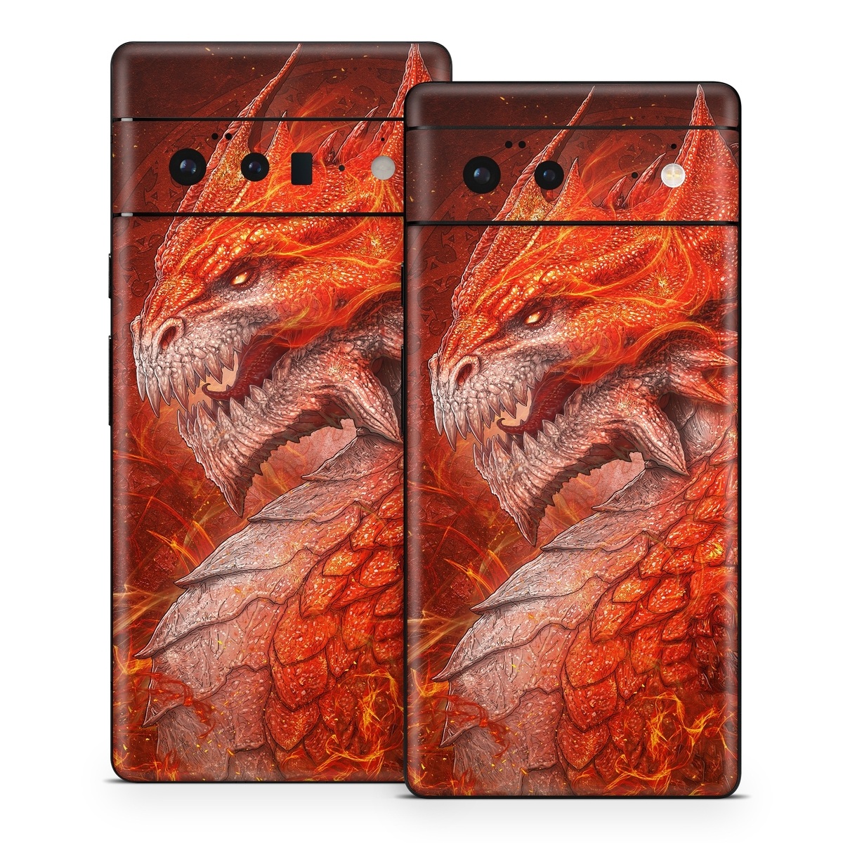 Google Pixel 6 Series Skin design of Fictional character, Cg artwork, Illustration, Art, Demon, Geological phenomenon, Mythical creature, Dragon, Cryptid, with red, orange, yellow colors