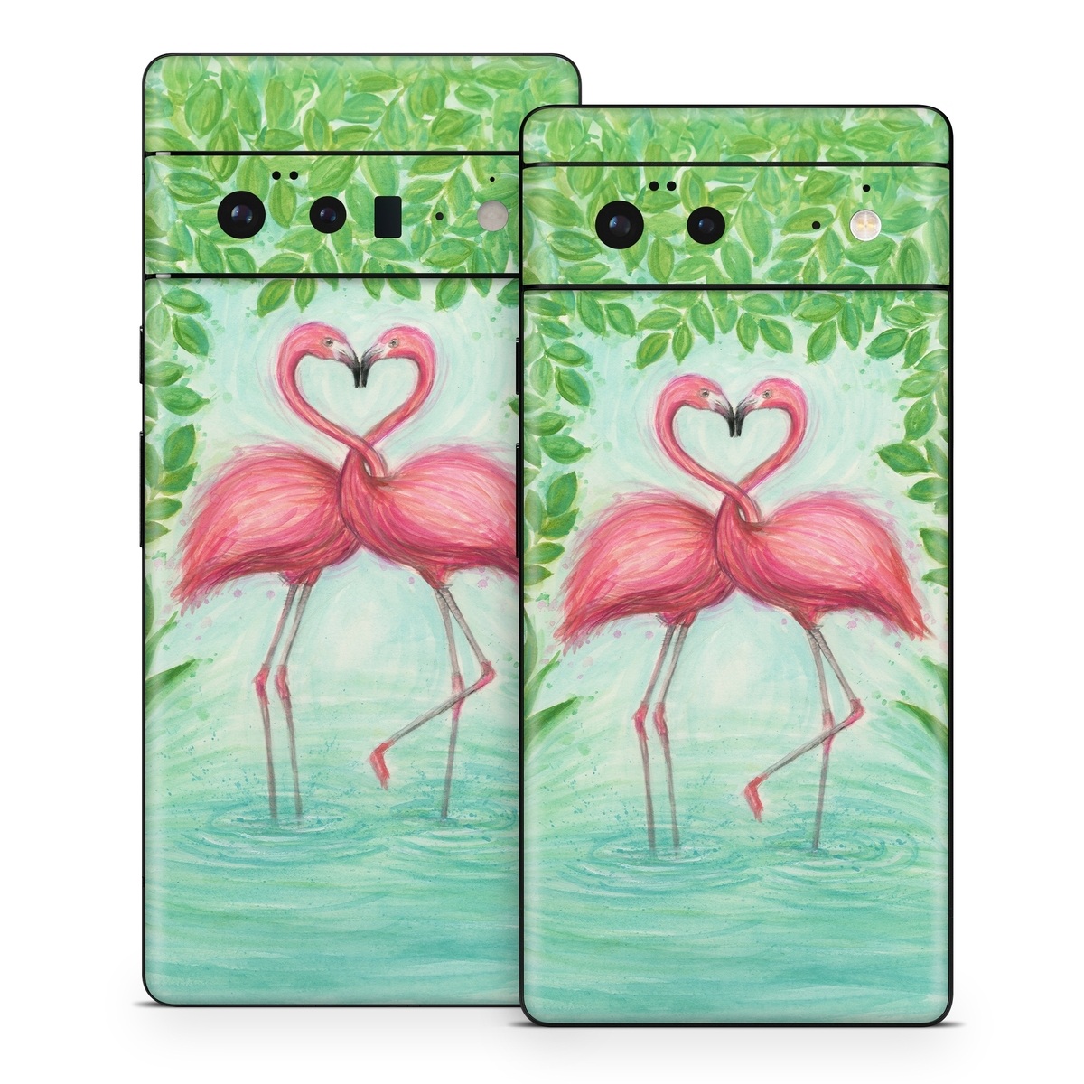 Google Pixel 6 Series Skin design of Flamingo, Greater flamingo, Bird, Water bird, Pink, Illustration, Watercolor paint, Organism, Drawing, Stork, with pink, blue, green colors
