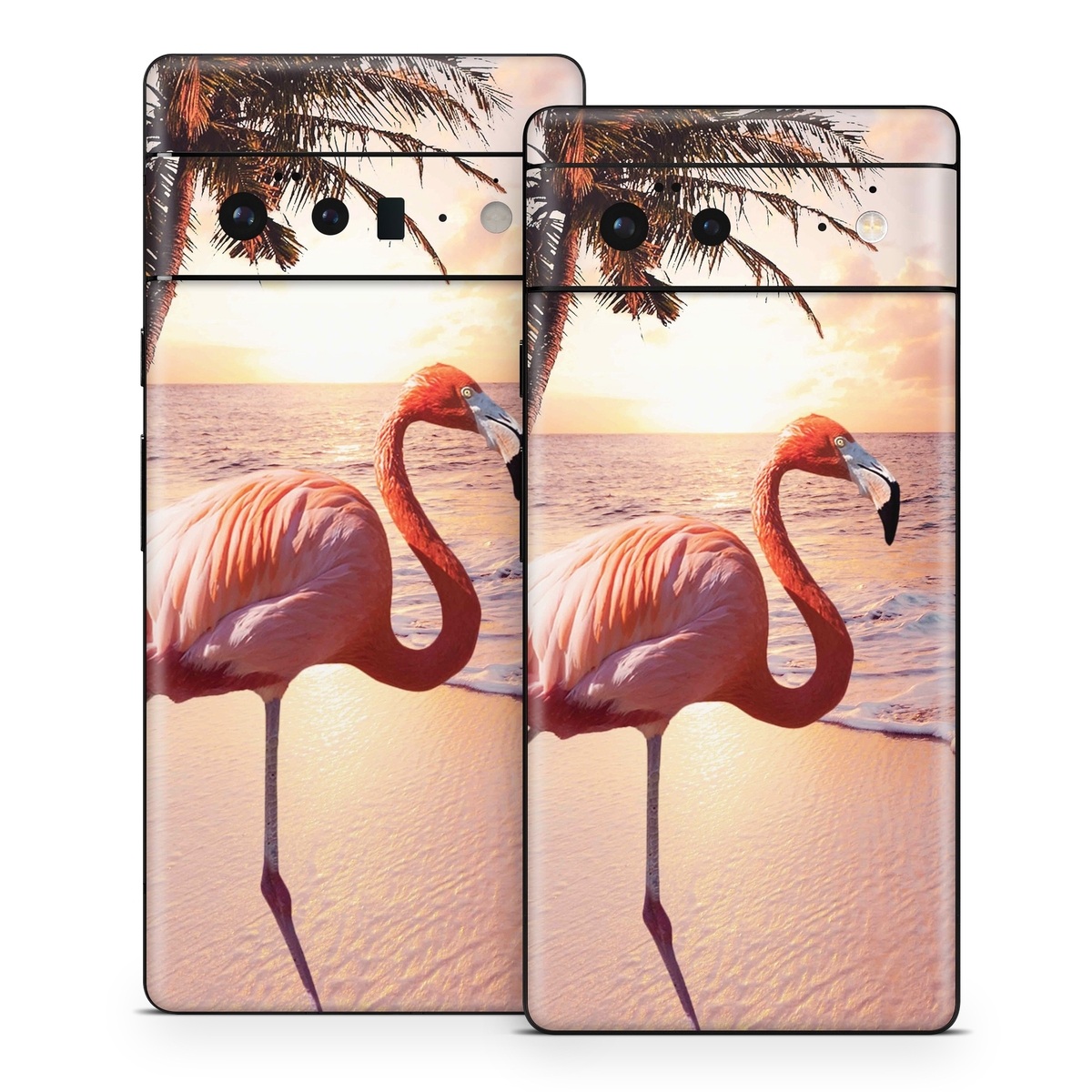 Google Pixel 6 Series Skin design of Flamingo, Greater flamingo, Bird, Water bird, Pink, Wildlife, Sky, Tree, Organism, Beak, with pink, blue, green, yellow, white, orange, black colors