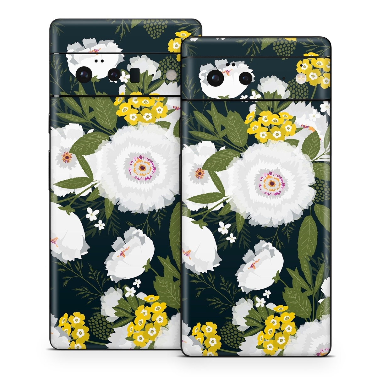 Google Pixel 6 Series Skin design of Flower, Flowering plant, Plant, Petal, Daisy, mayweed, Wildflower, Floral design, Annual plant, with green, yellow, white, orange colors