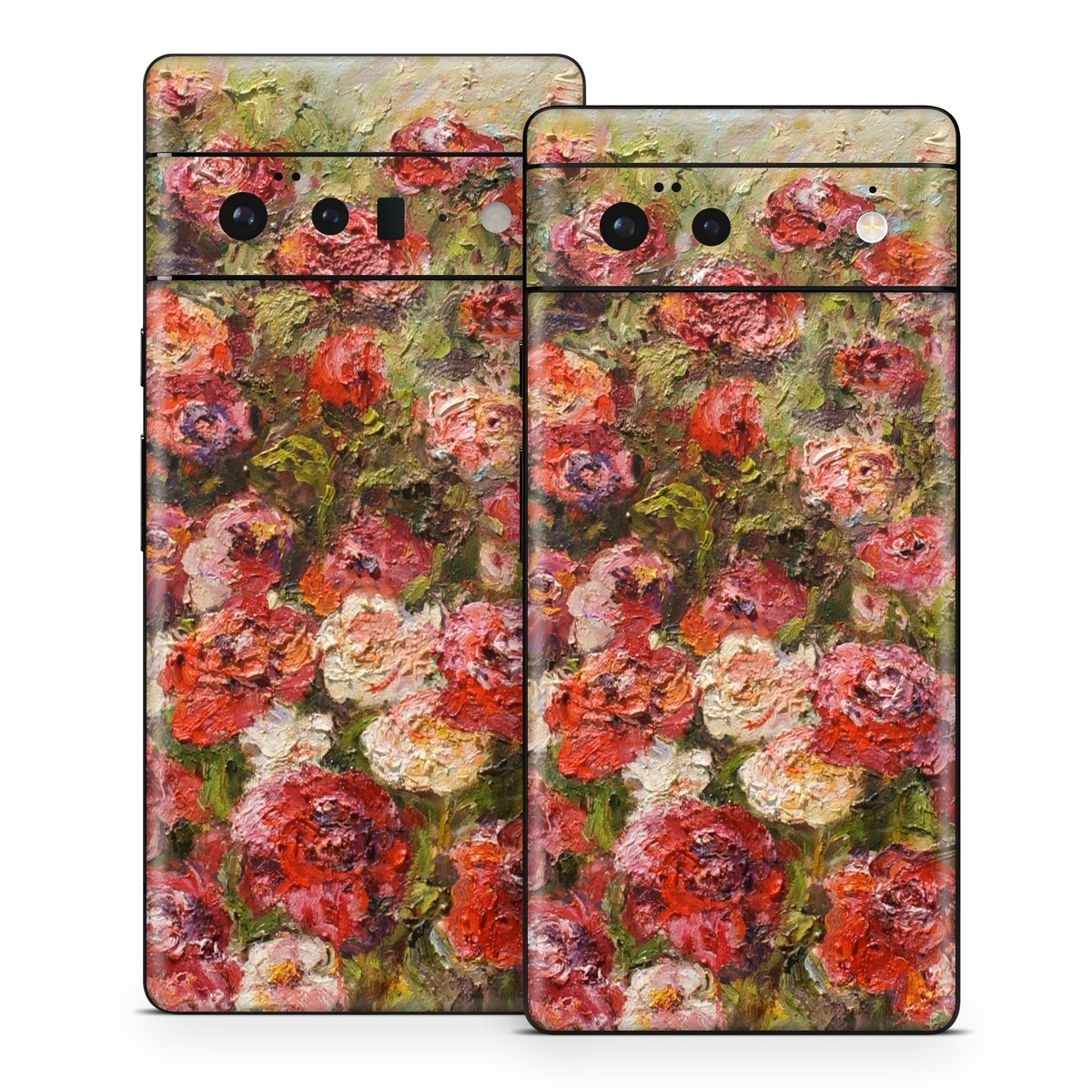 Google Pixel 6 Series Skin design of Flower, Garden roses, Rose, Plant, Floribunda, Flowering plant, Rosa × centifolia, Rose family, Botany, Petal, with red, black, green, gray colors
