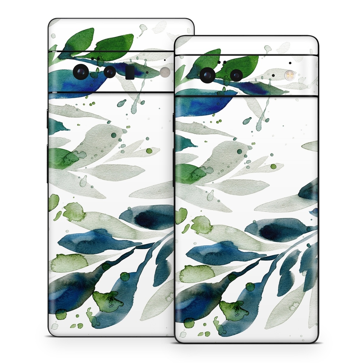 Google Pixel 6 Series Skin design of Leaf, Branch, Plant, Tree, Botany, Flower, Design, Eucalyptus, Pattern, Watercolor paint, with white, blue, green, gray colors