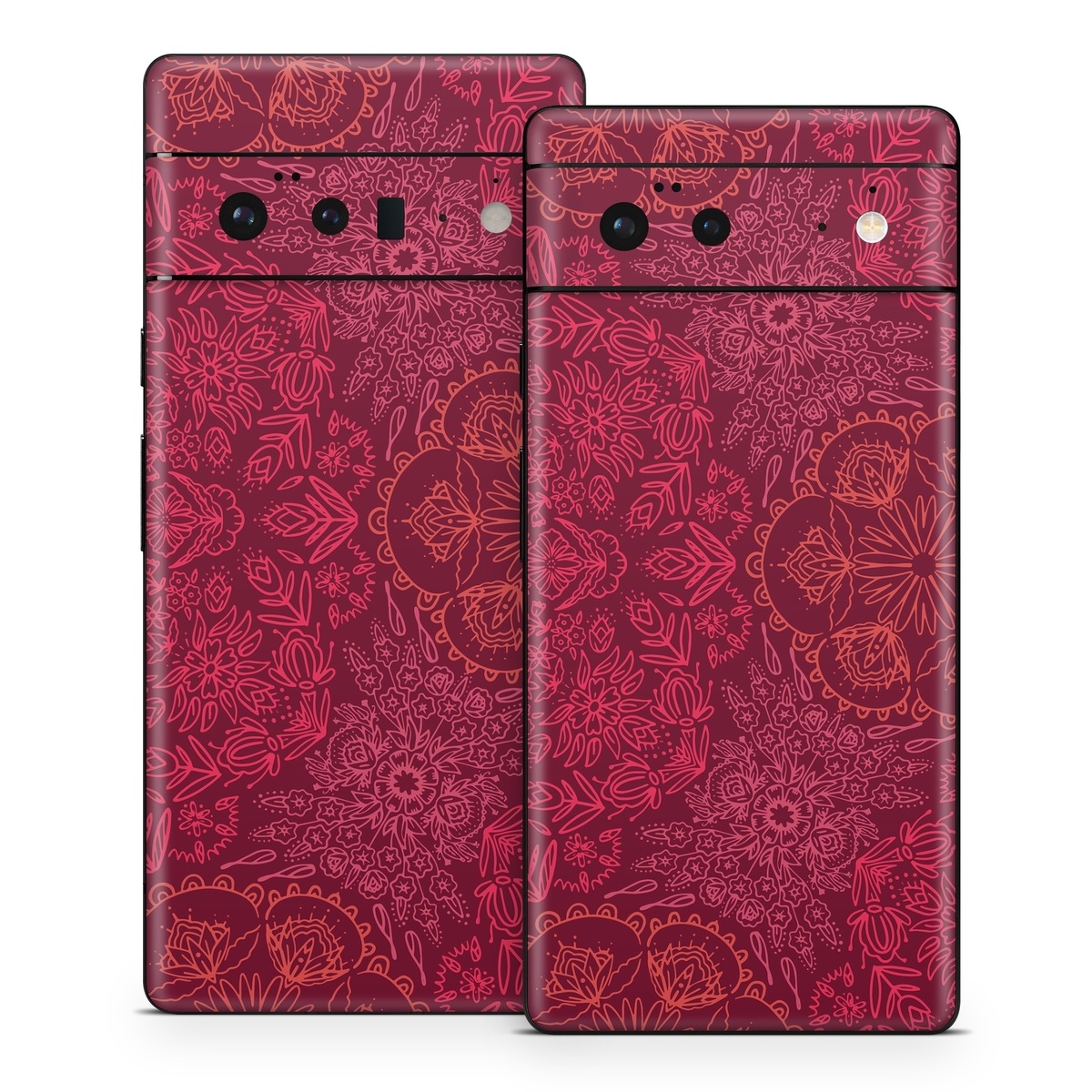 Google Pixel 6 Series Skin design of Red, Pattern, Pink, Magenta, Purple, Maroon, Violet, Textile, Design, Wallpaper, with red, black colors