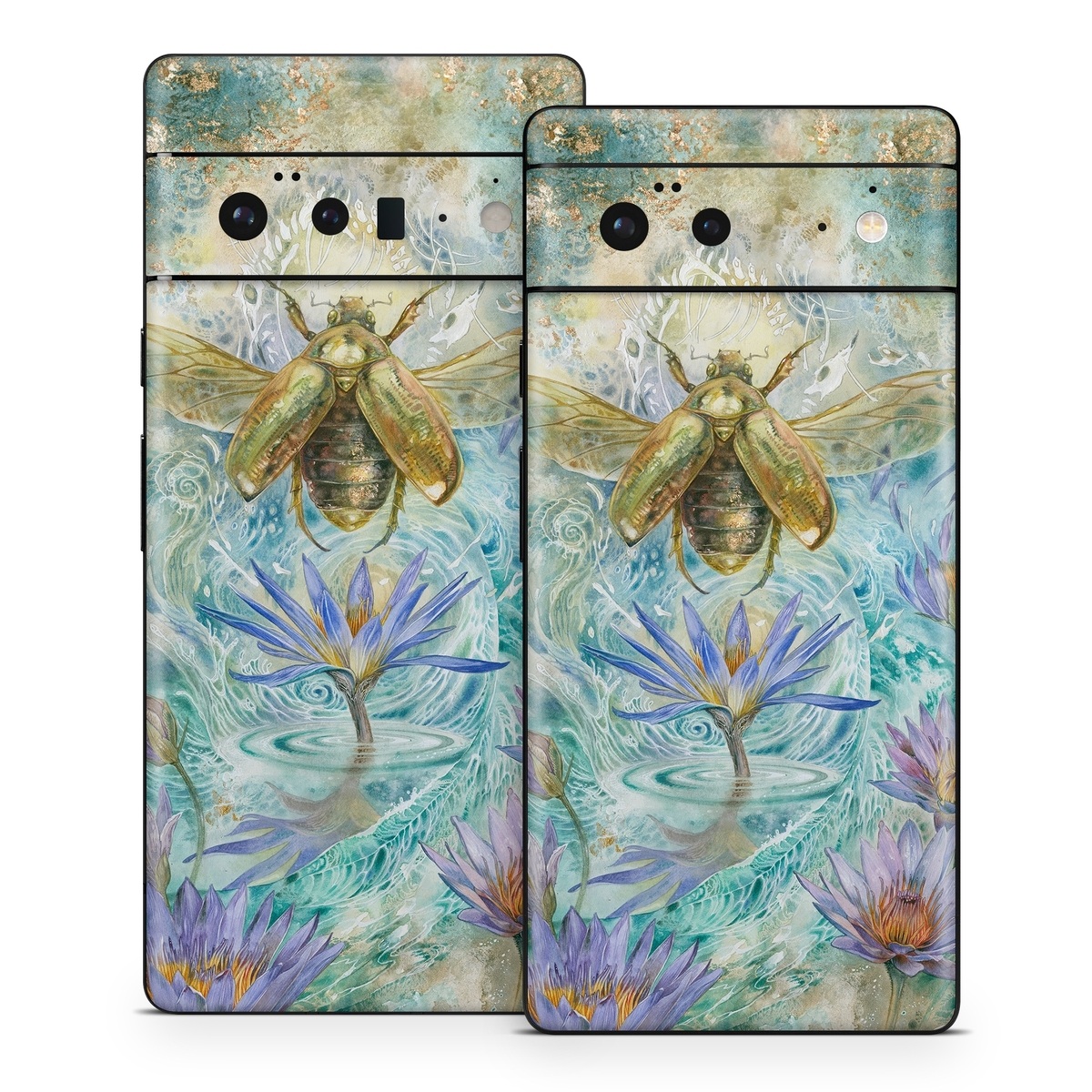 Google Pixel 6 Series Skin design of Painting, Fictional character, Art, Flower, Watercolor paint, Plant, Wildflower, Angel, Honeybee, Mythology, with blue, yellow, brown, purple, red, white colors