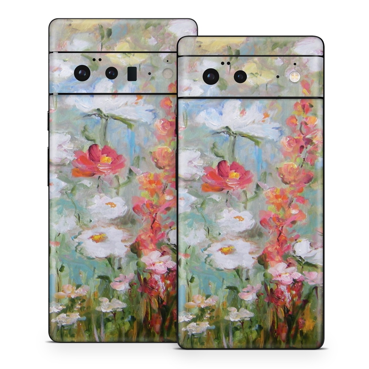 Google Pixel 6 Series Skin design of Flower, Painting, Watercolor paint, Plant, Modern art, Wildflower, Botany, Meadow, Acrylic paint, Flowering plant, with gray, black, green, red, blue colors