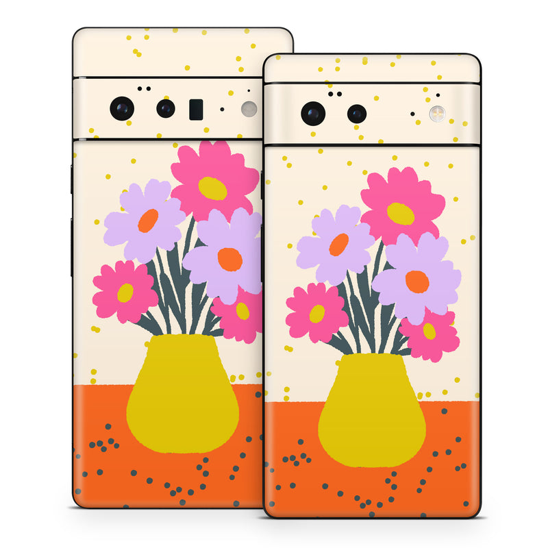Google Pixel 6 Series Skin design of Flower, Plant, Vase, Flowerpot, Petal, Happy, People in nature, Liquid, Font, Art, with white, orange, pink, purple, yellow colors