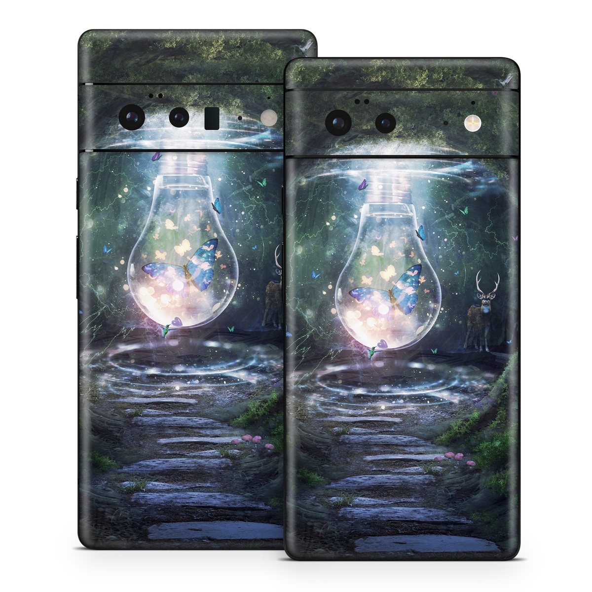 Google Pixel 6 Series Skin design of Nature, Green, Darkness, Natural environment, Light, Infrastructure, Tunnel, Tree, Forest, Art, with white, black, brown, green, blue, yellow colors