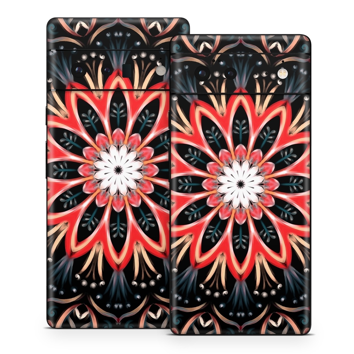 Google Pixel 6 Series Skin design of Pattern, Psychedelic art, Symmetry, Design, Art, Visual arts, Textile, Kaleidoscope, Fractal art, Ornament, with black, red, white, blue, yellow, orange colors