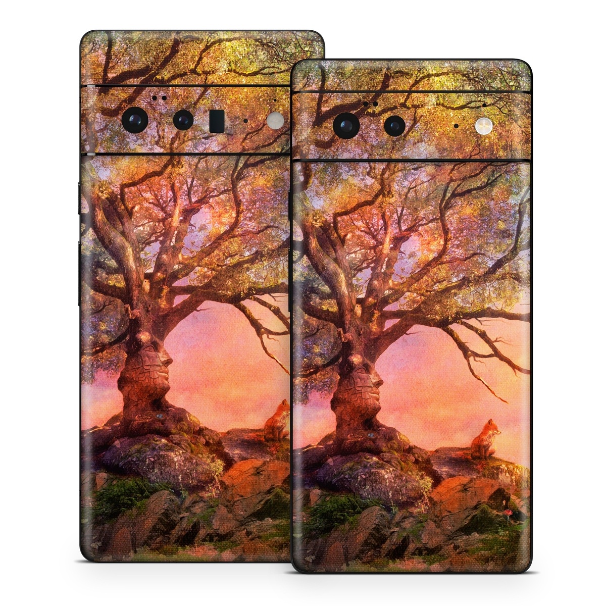 Google Pixel 6 Series Skin design of Nature, Tree, Sky, Natural landscape, Branch, Leaf, Woody plant, Trunk, Landscape, Plant, with pink, red, black, green, gray, orange colors