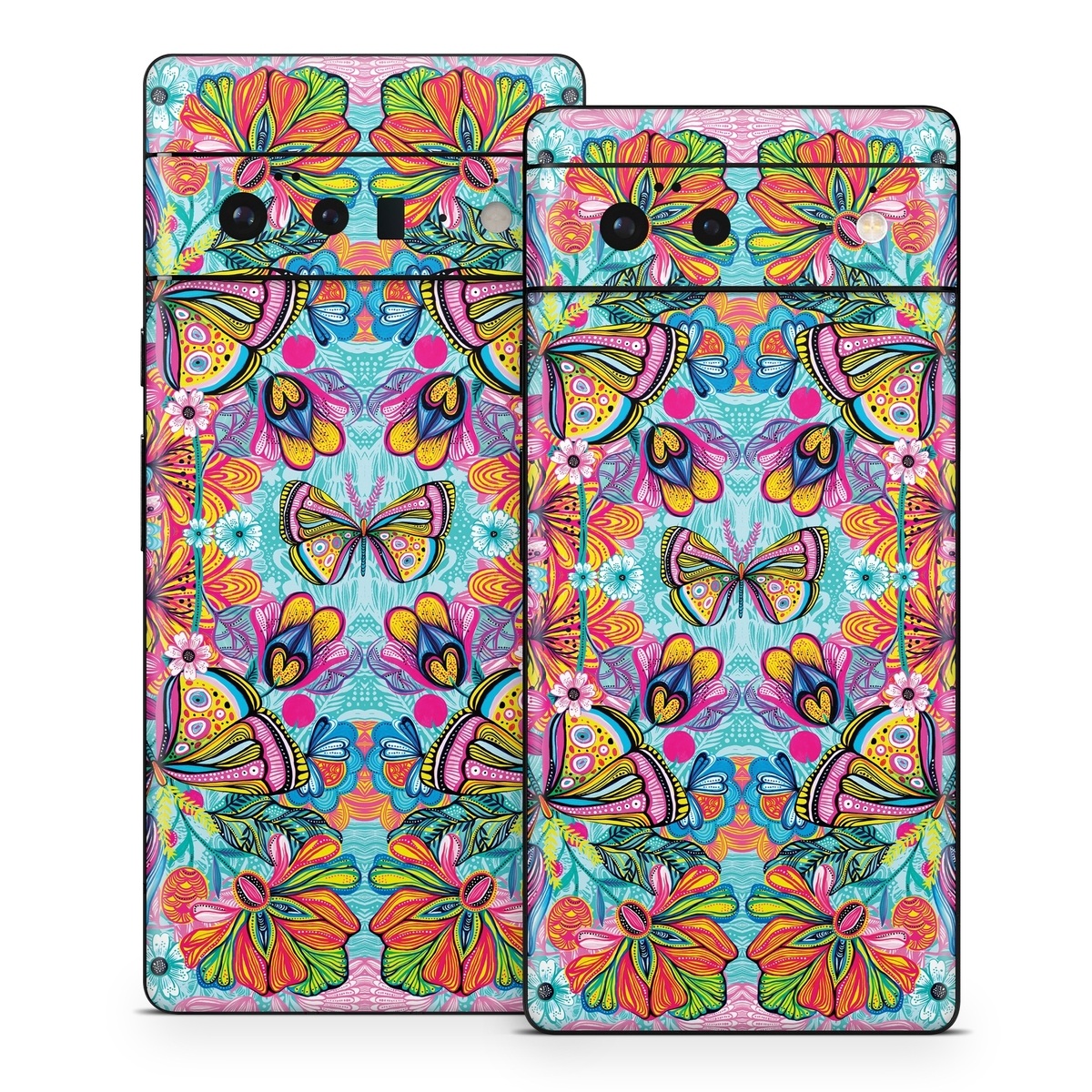 Google Pixel 6 Series Skin design of Pattern, Design, Textile, Psychedelic art, Visual arts, Symmetry, Art, Motif, with blue, pink, green, yellow, orange, purple colors