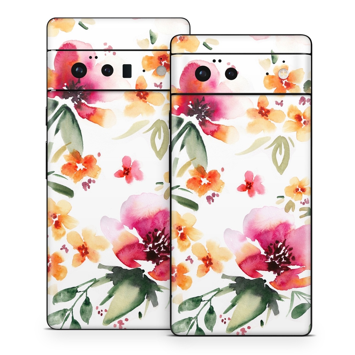 Google Pixel 6 Series Skin design of Flower, Floral design, Pink, Pattern, Petal, Plant, Botany, Design, Wildflower, Clip art, with white, pink, red, orange, green colors