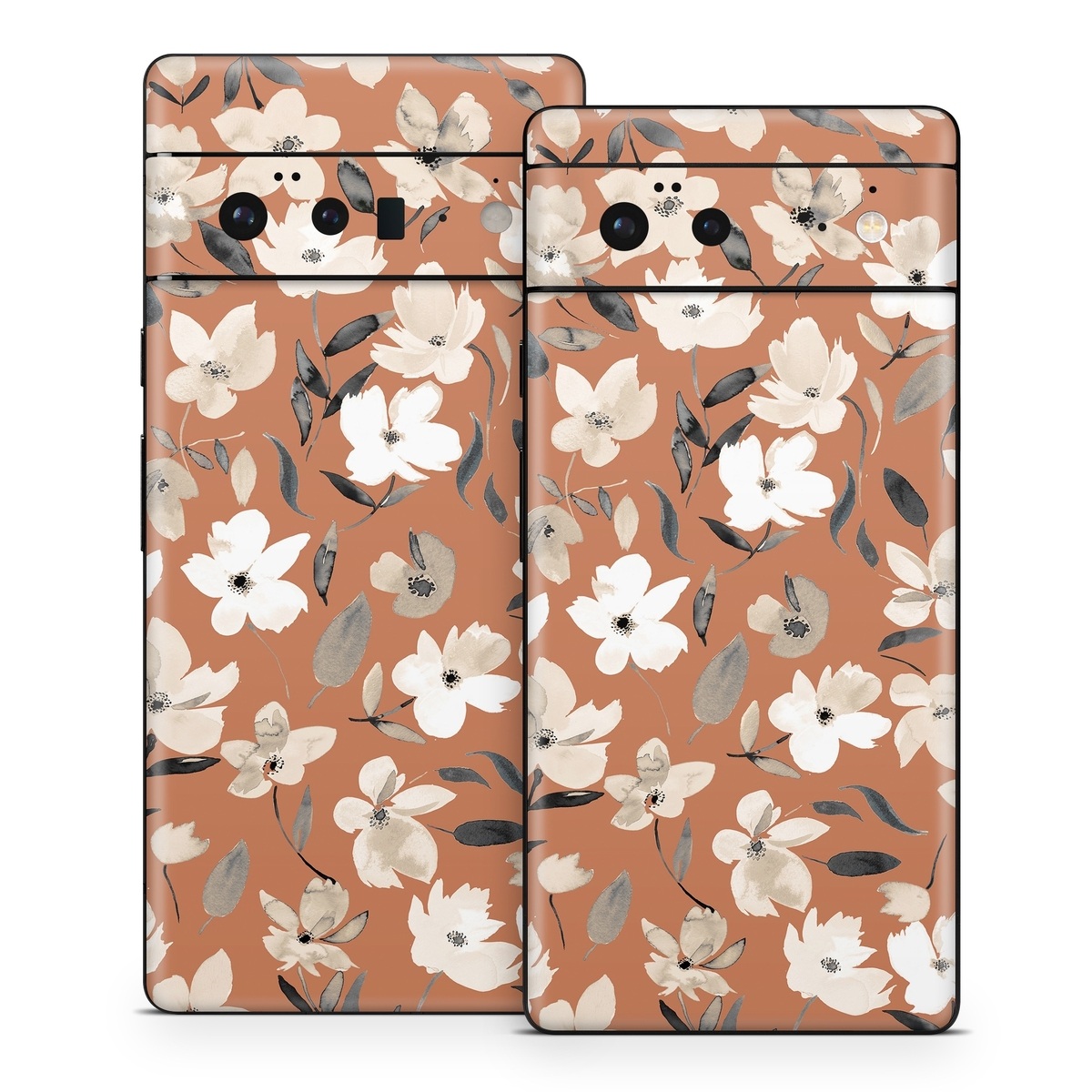 Google Pixel 6 Series Skin design of Flower, Plant, Textile, Botany, Petal, Gesture, Line, Font, Groundcover, Art, with brown, white, gray, black colors