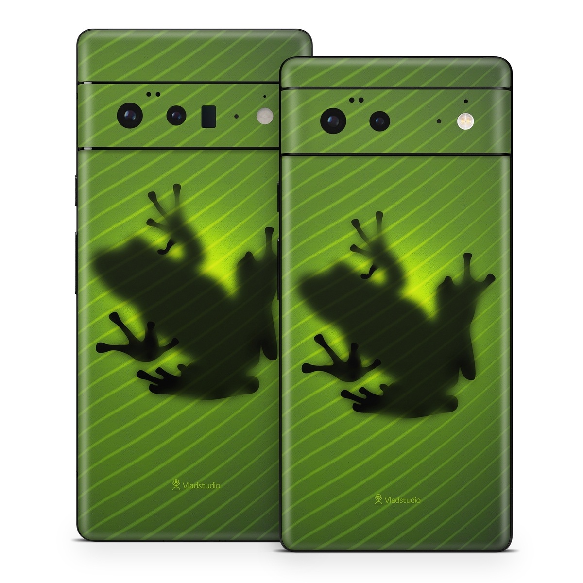Google Pixel 6 Series Skin design of Green, Frog, Tree frog, Amphibian, Shadow, Silhouette, Macro photography, Illustration, with green, black colors