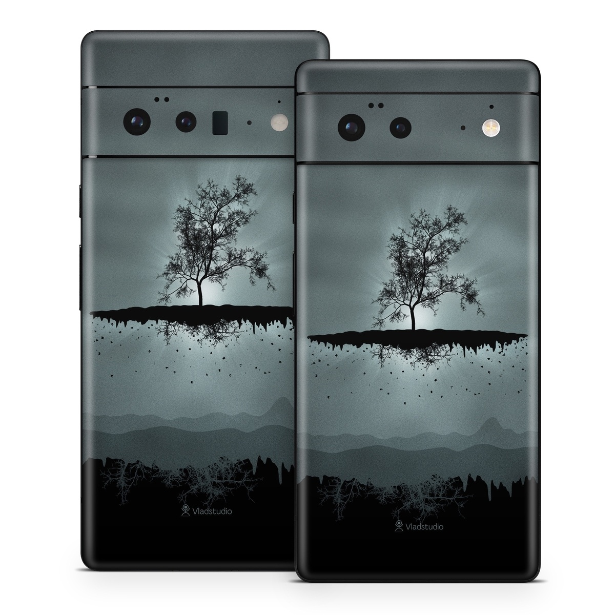 Google Pixel 6 Series Skin design of Reflection, Sky, Nature, Water, Black, Tree, Black-and-white, Monochrome photography, Natural landscape, Atmospheric phenomenon, with black, gray, blue colors