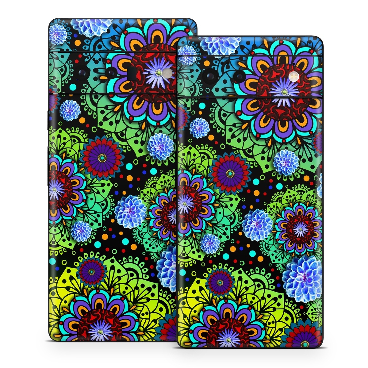 Google Pixel 6 Series Skin design of Pattern, Psychedelic art, Design, Flower, Art, Visual arts, Floral design, Plant, Textile, Symmetry, with black, blue, green, purple colors