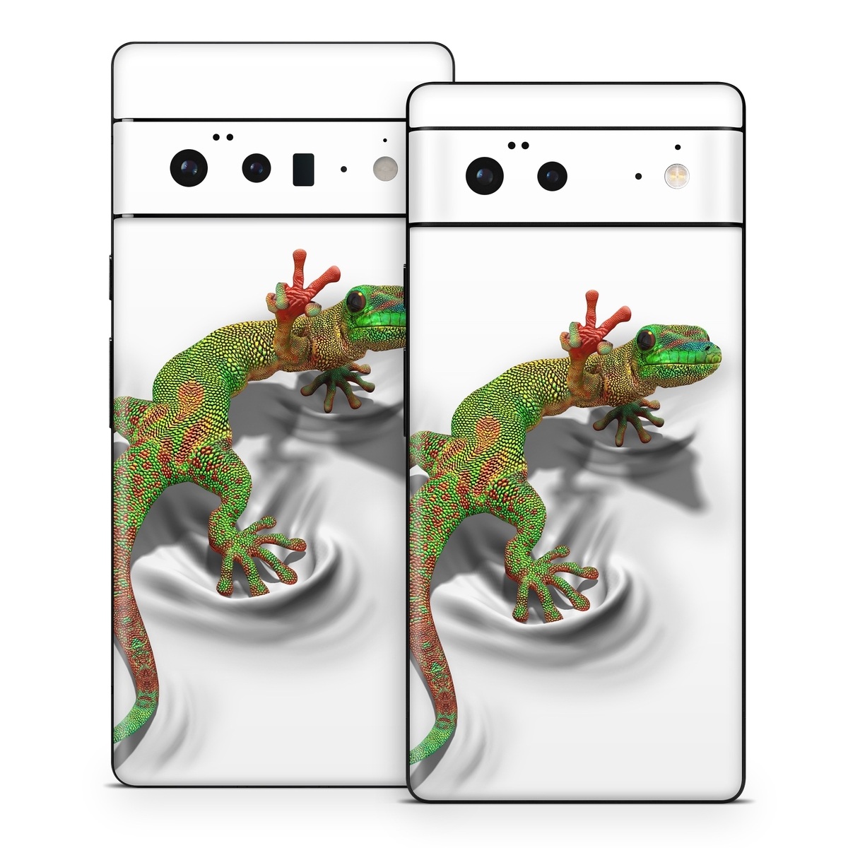 Google Pixel 6 Series Skin design of Lizard, Reptile, Gecko, Scaled reptile, Green, Iguania, Animal figure, Wall lizard, Fictional character, Iguanidae, with white, gray, black, red, green colors