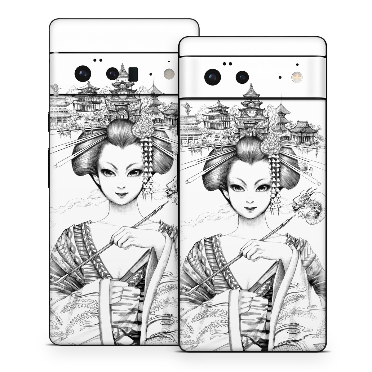 Google Pixel 6 Series Skin design of Illustration, Head, Hairstyle, Line art, Art, Fashion illustration, Drawing, Coloring book, Black-and-white, Clip art, with black, white, gray colors