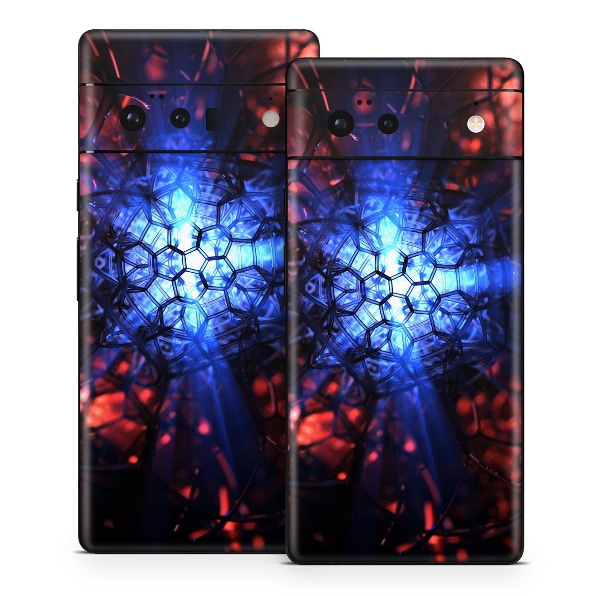 Google Pixel 6 Series Skin design of Blue, Fractal art, Red, Light, Pattern, Lighting, Art, Kaleidoscope, Design, Psychedelic art, with black, blue, red colors