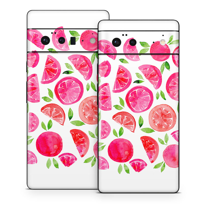 Google Pixel 6 Series Skin design of Food, Plant, Fruit, Botany, Natural foods, Seedless fruit, Ingredient, Red, Font, Citrus, with pink, green, red, white colors