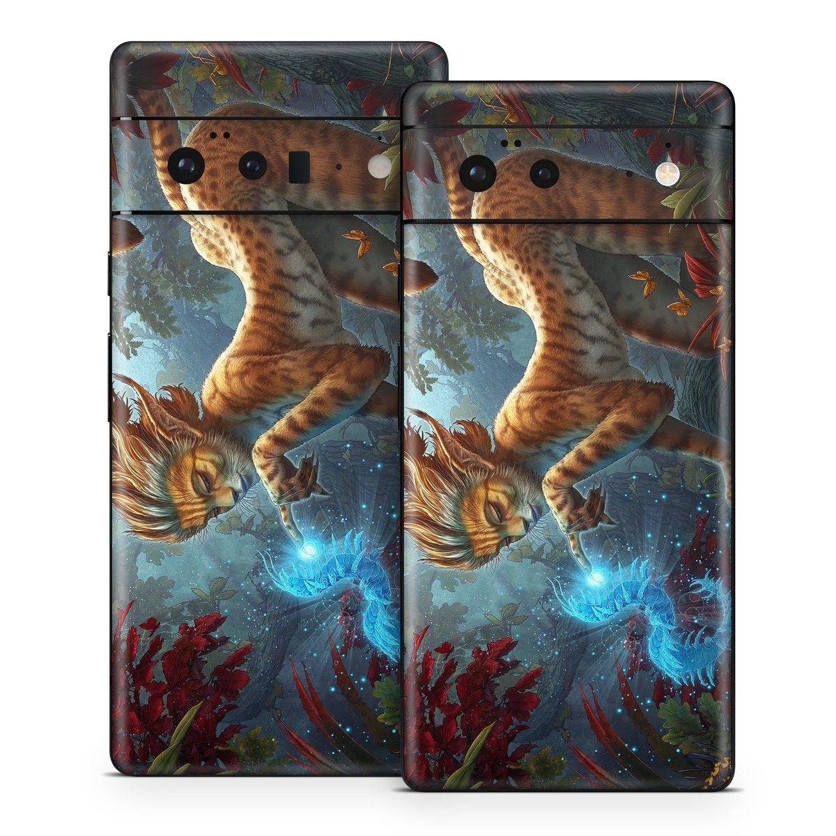 Google Pixel 6 Series Skin design of Fictional character, Mythology, Illustration, Cg artwork, Sky, Organism, Dragon, Felidae, Mythical creature, Art, with yellow, red, black, green, blue colors