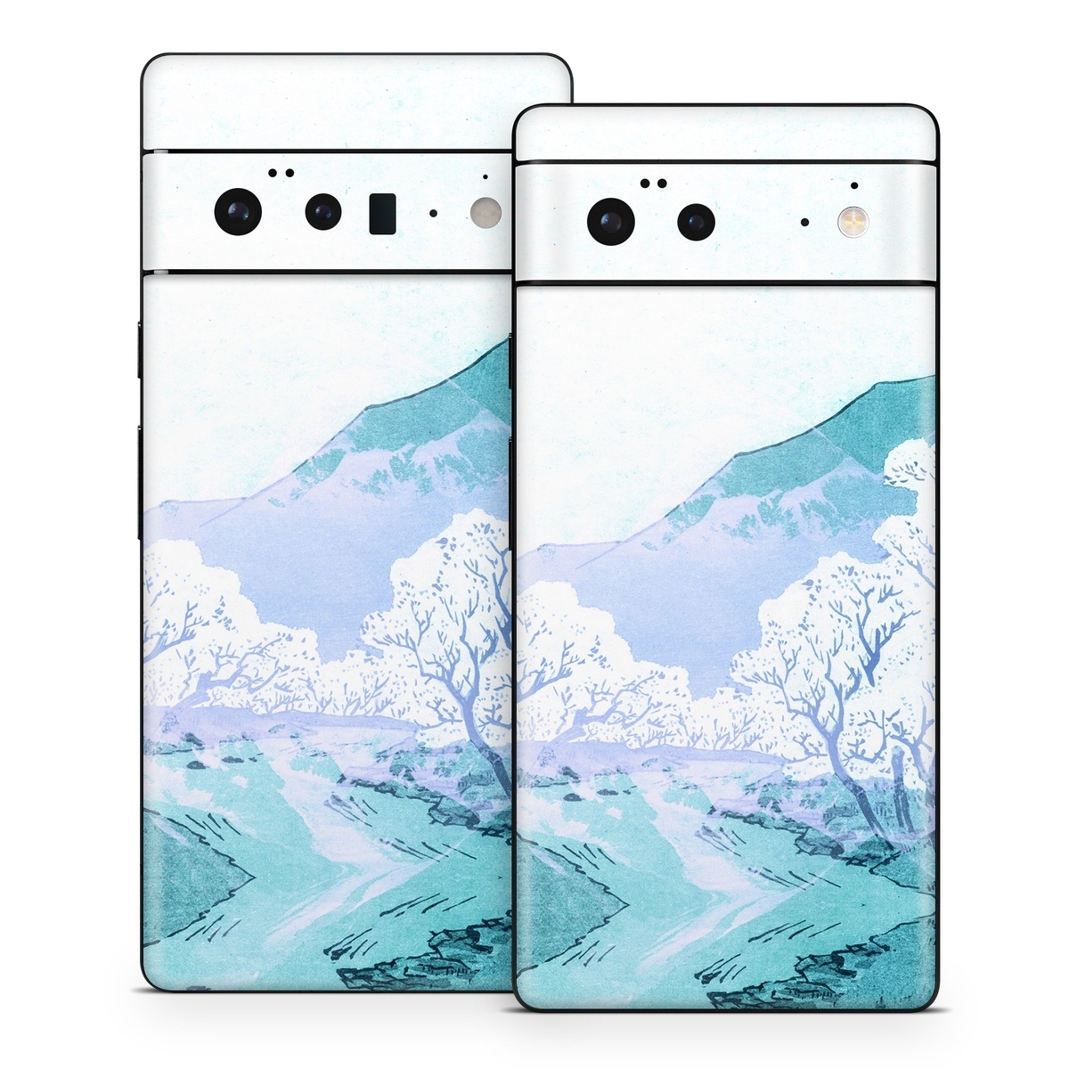 Google Pixel 6 Series Skin design of Polar ice cap, Mountainous landforms, Glacial landform, Natural landscape, Mountain, Glacial lake, Glacier, Ice cap, Ice, Water, with white, blue, black colors
