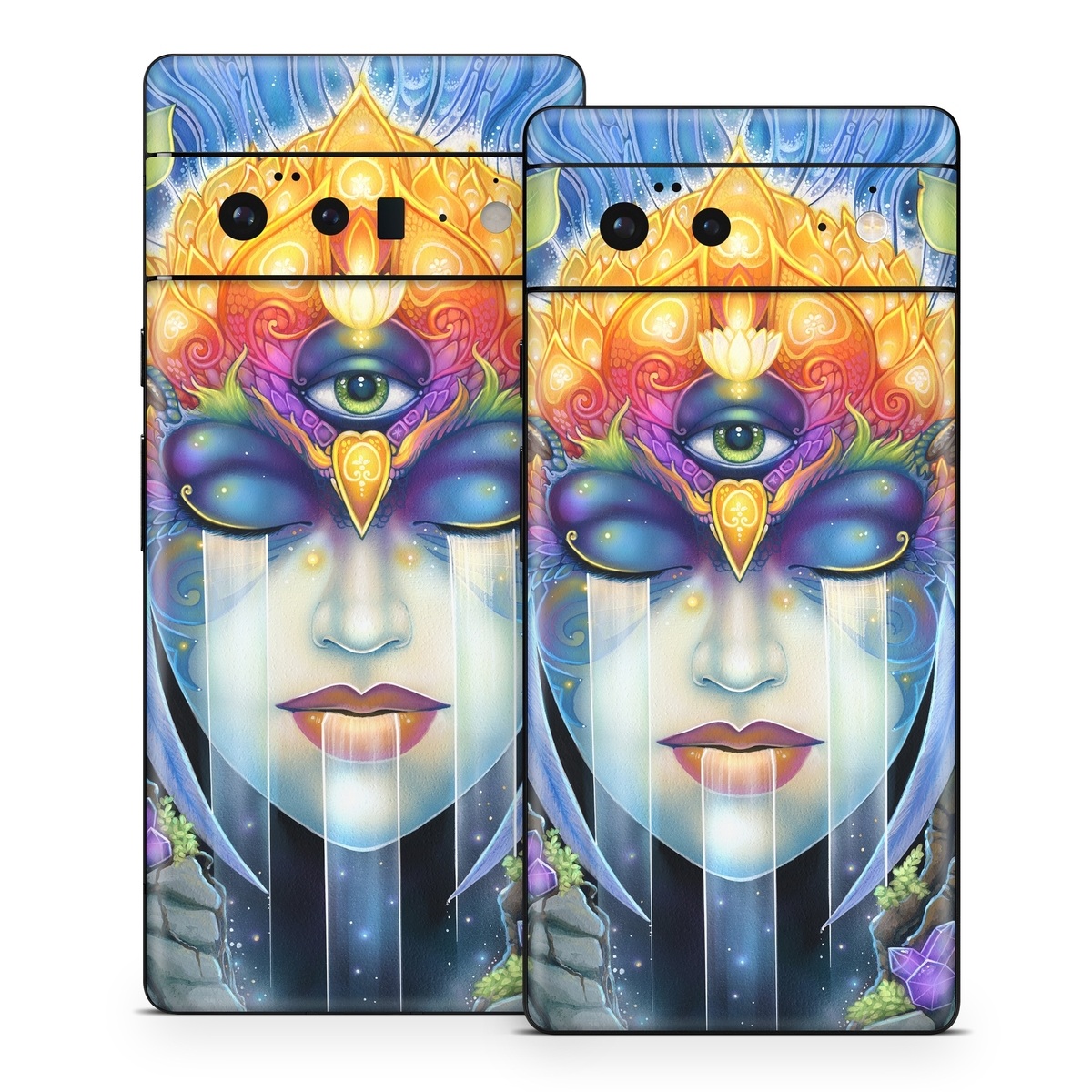 Google Pixel 6 Series Skin design of Art paint, Paint, Painting, Art, Illustration, Fictional character, Symmetry, Cg artwork, Visual arts, Electric blue, with blue, yellow, orange, red, purple, blue, green, brown, gray colors