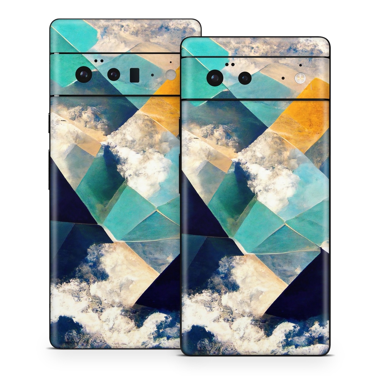 Google Pixel 6 Series Skin design of Daytime, World, Nature, Blue, Azure, Green, Triangle, Rectangle, Architecture, Art, with blue, yellow, white, green colors