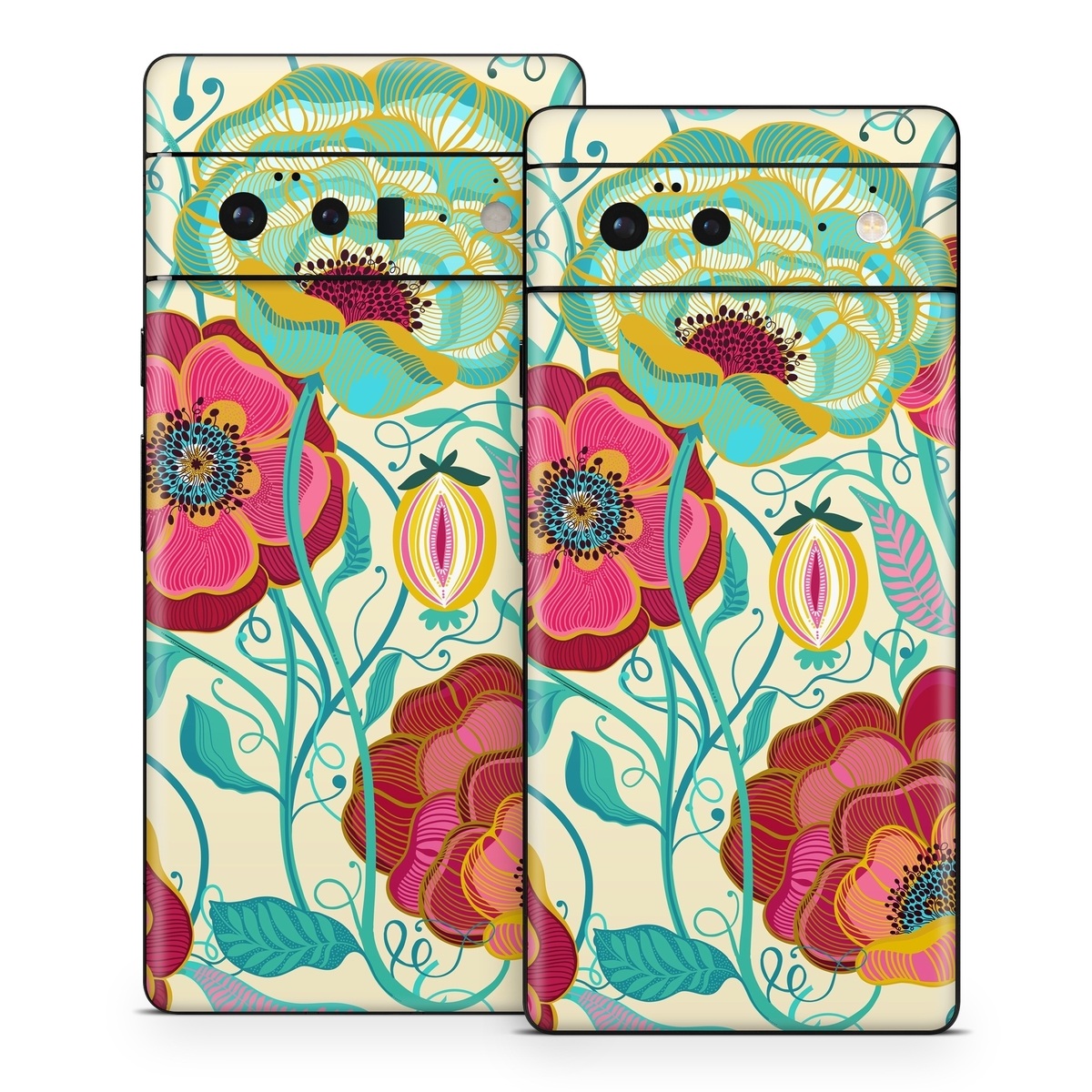 Google Pixel 6 Series Skin design of Plant, Botany, Textile, Pink, Creative arts, Petal, Magenta, Art, Pattern, Rectangle, with white, red, pink, yellow, green, blue, black colors